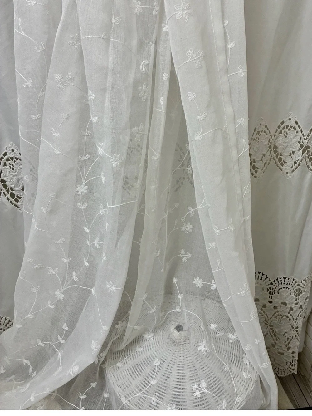 Vintage White Embroidered window curtain panel pleated large 40” x 102